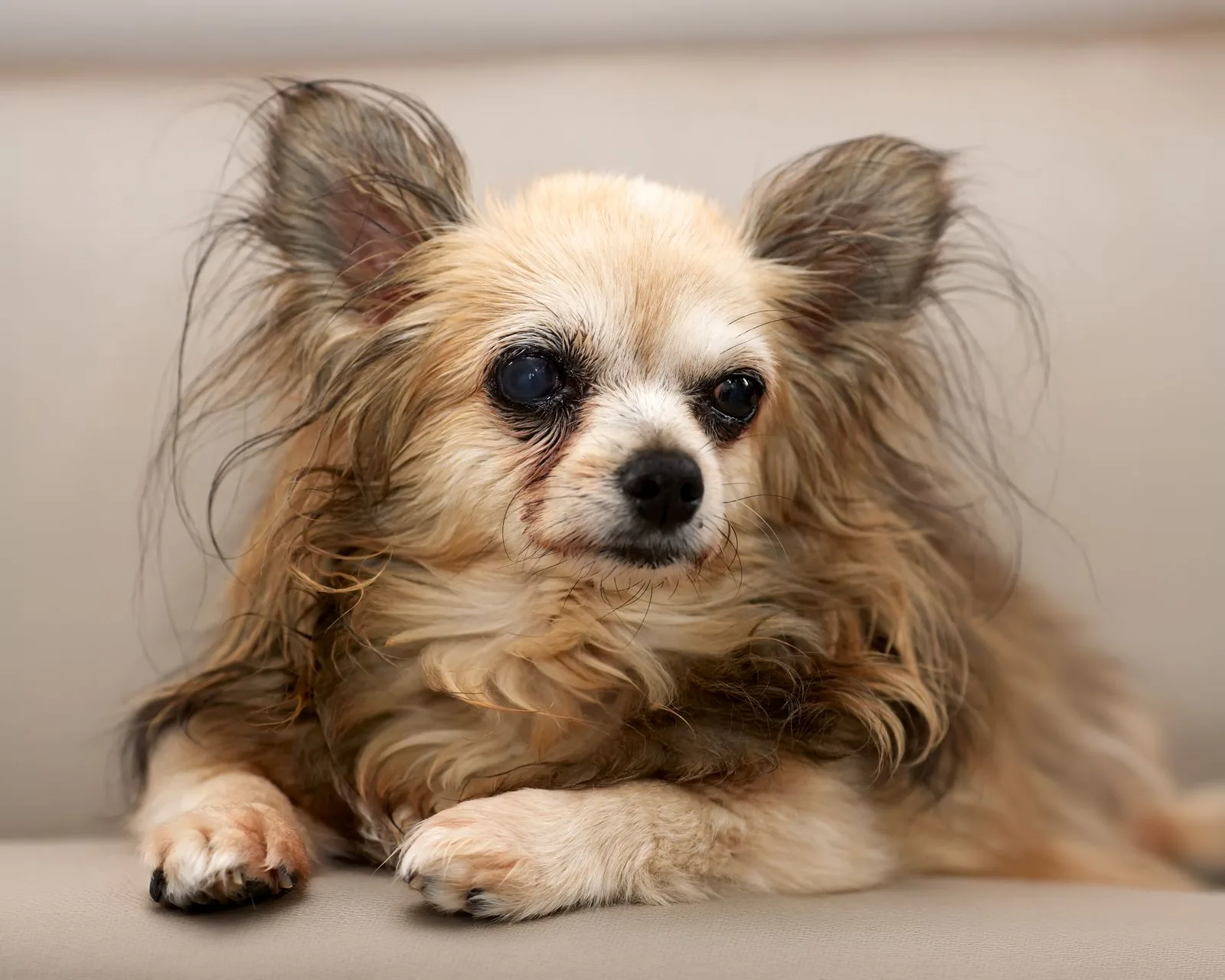 Senior long-haired chihuahua resting on a sofa, one eye clouded