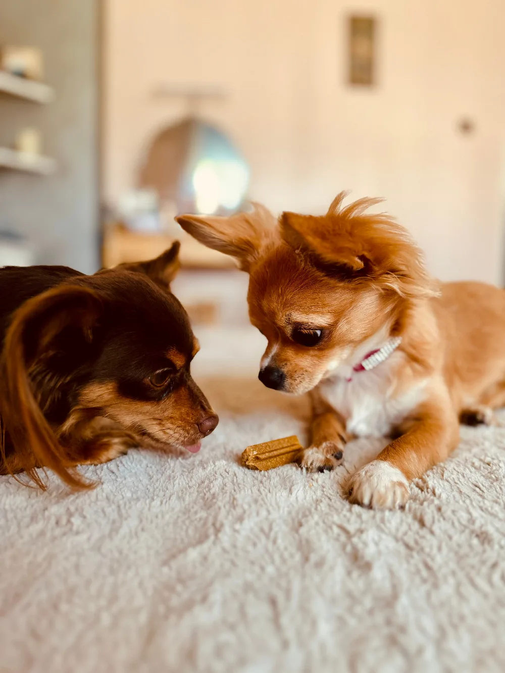 Two calm long-haired chihuahuas lying down focused on a treat